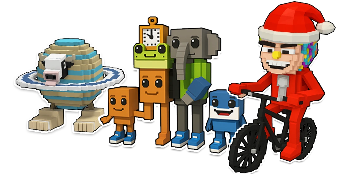 Group of pixel style cartoon characters, including a robot, planet character, and person on a bicycle, representing the Brainrot set
