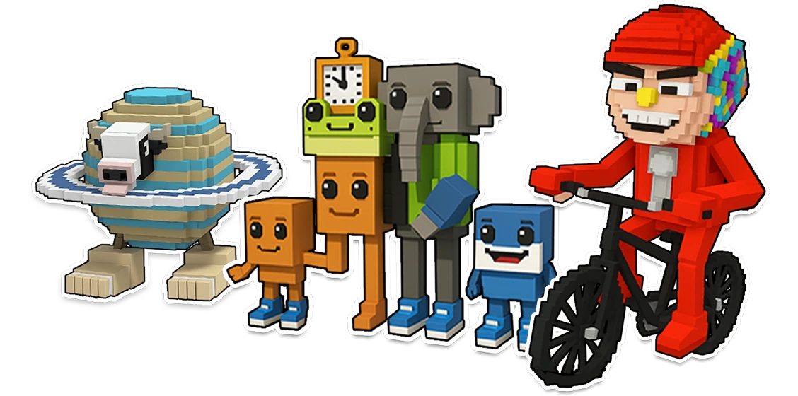 Group of pixel style cartoon characters, including a robot, planet character, and person on a bicycle, representing the Brainrot set