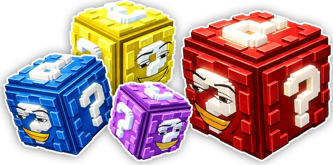 Five colorful voxel question-mark cubes with smirking cartoon faces, from Escape Tsunami For Brainrots