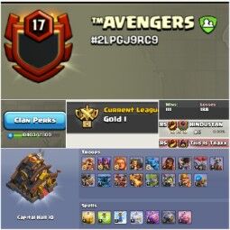 Clan name-  Avengers  __ Clan LvL- 17+ __ Gold 1 __ Capital hall- 10 __ Win- 111 _ loss- 188 __ Troops max __ Good Name __ Fast Delivery 0
