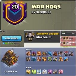 Clan name:-  WAR HOGS  __ Clan Lvl 20+ __ Master 3  __ Capital hall 10 __ Win- 224 _ loss- 283__ Troops max __  Fast delivery  __ No Random 0