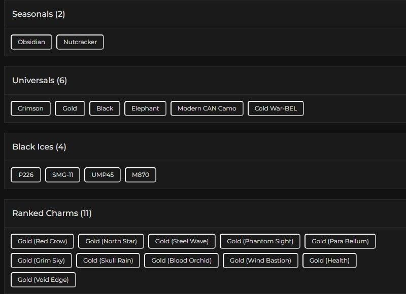 Level 197 | 11x Gold | 4 Black Ice | 6 Universal | 1 Elite | #2236 Level 197 | 11x Gold | 4 Black Ice | 6 Universal | 1 Elite | #2236