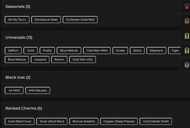 Level 136 | 2x Gold | 2 Black Ice | 13 Universal | 1 Elite | #8808 Level 136 | 2x Gold | 2 Black Ice | 13 Universal | 1 Elite | #8808