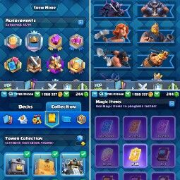 ( Rare & Old Emotes)🔥 KT15 ⸱ Level 58 🏆 | 8000 Trophies 🏅 |  7 Evos ⚡ 98 Max Cards 🎴 9 Elite 💎 8 King Tower Skins 💎 | 68 Emotes ⚔️ 🏰  Android/iOS 📱 3