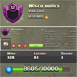 Wisco Holics !! LEVEL 12 !! WIN 328 LOSS 83 !! UNRANKED !! BEST WAR LOG !! WAR WIN RATIO 4:1 !! CHEAP !! INSTANT DELIVERY 0