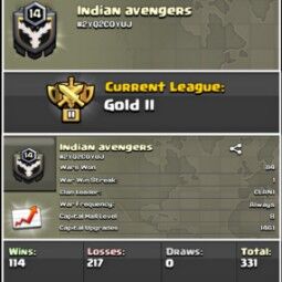 Clan _#Name=Indian.avengers_Clan level 14_Capital hall 8_Gold 2_win 144/lost 217_ Rear Clan_( 5 min delivery time) 0