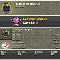 Clan _#Name=clan war league_Clan level 10_Capital hall 5_Crystal 2_win 58/lost 65_ Rear Clan_( 5 min delivery time) 0