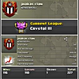 Clan _#Name=jhakas clan_Clan level 16_Capital hall 9_Crystal 3_win 116/lost 110_ Rear Clan_( 5 min delivery time) 0