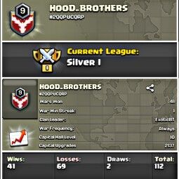 Clan _#Name=HOOD_BROTHERS_Clan level 9_Capital hall 10_Silver 1_win 41/lost 69_ Rear Clan_( 5 min delivery time) 0