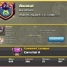 Clan level 23 🔰 Rare Name : Animal 🔰 CP 10 Max 🔰 Crystal 2 🔰 6/2 War Log 🔰 Fast Delivery 0