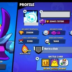 👑 76 Brawlers 👑 35.447 Trophies 👑 75 Skins 👑 8 Legends 👑 24 Mythics 👑 25 Epics 👑 12111 Gold 👑 171 Gems 👑 1930 Blings 👑 3