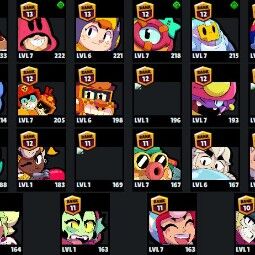 👑 70 Brawlers 👑 25.430 Trophies 👑 64 Skins 👑 7 Legends 👑 18 Mythics 👑 26 Epics 👑 538 Gold 👑 17 Gems 👑 232 Blings 👑 2