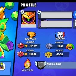 👑 70 Brawlers 👑 25.430 Trophies 👑 64 Skins 👑 7 Legends 👑 18 Mythics 👑 26 Epics 👑 538 Gold 👑 17 Gems 👑 232 Blings 👑 3