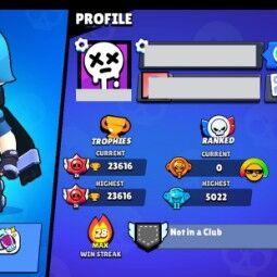 👑 70 Brawlers 👑 23.616 Trophies 👑 56 Skins 👑 6 Legends 👑 20 Mythics 👑 25 Epics 👑 1145 Gold 👑 3 Gems 👑 813 Blings 👑 3
