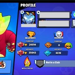 👑 72 Brawlers 👑 24.914 Trophies 👑 79 Skins 👑 7 Legends 👑 20 Mythics 👑 26 Epics 👑 9851 Gold 👑 7 Gems 👑 236 Blings 👑 3
