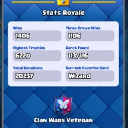 👑KT 14 👑 6220 Trophy 👑 43 LVL 👑 113 Cards 👑 23 Emotes 👑 654 Gems 👑 1 k Gold 👑 4