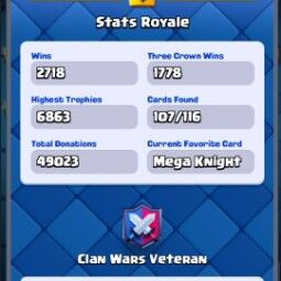 👑KT 14 👑 6750 Trophy 👑 44 LVL 👑 107 Cards 👑 33 Emotes 👑 2845 Gems 👑 116 k Gold 👑 4