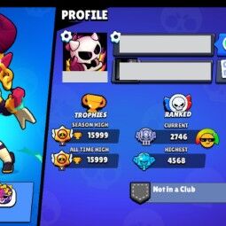 👑 54 Brawlers 👑 15.999 Trophies 👑 63 Skins 👑 4 Legends 👑 8 Mythics 👑 23 Epics 👑 86225 Gold 👑 541 Gems 👑 15678 Blings 👑 2