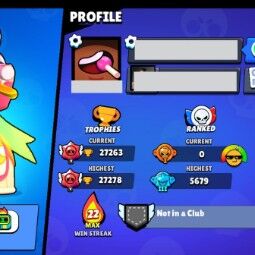 👑 82 Brawlers 👑 27.263 Trophies 👑 84 Skins 👑 11 Legends 👑 26 Mythics 👑 26 Epics 👑 2039 Gold 👑 169 Gems 👑 1329 Blings 👑 3