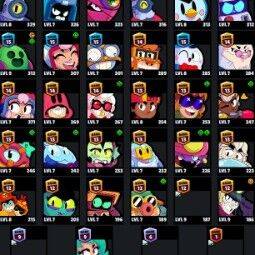 👑 82 Brawlers 👑 33.033 Trophies 👑 106 Skins 👑 11 Legends 👑 26 Mythics 👑 26 Epics 👑 10684 Gold 👑 95 Gems 👑 3385 Blings 👑 2