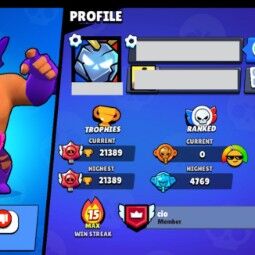 👑 61 Brawlers 👑 21.389 Trophies 👑 71 Skins 👑 5 Legends 👑 14 Mythics 👑 23 Epics 👑 1905 Gold 👑 39 Gems 👑 5913 Blings 👑 3