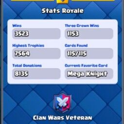 👑KT 14 👑 7504 Trophy 👑 53 LVL 👑 115 Cards 👑 53 Emotes 👑 1278 Gems 👑 61 k Gold 👑 4