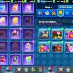 👑KT 14 👑 7504 Trophy 👑 53 LVL 👑 115 Cards 👑 53 Emotes 👑 1278 Gems 👑 61 k Gold 👑 3