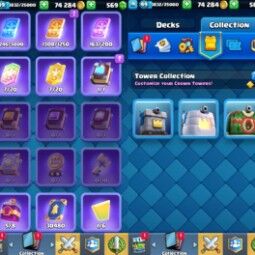 👑KT 14 👑 7554 Trophy 👑 49 LVL 👑 110 Cards 👑 77 Emotes 👑 569 Gems 👑 74 k Gold 👑 3
