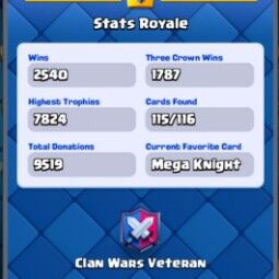 👑KT 14 👑 7790 Trophy 👑 53 LVL 👑 115 Cards 👑 104 Emotes 👑 1134 Gems 👑 299 k Gold 👑 4