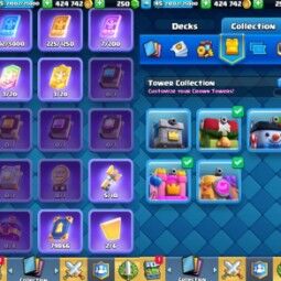 👑KT 14 👑 7145 Trophy 👑 45 LVL 👑 114 Cards 👑 60 Emotes 👑 424 Gems 👑 250 k Gold 👑 3