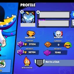 👑 77 Brawlers 👑 37.336 Trophies 👑 68 Skins 👑 10 Legends 👑 23 Mythics 👑 25 Epics 👑 6763 Gold 👑 158 Gems 👑 5242 Blings 👑 3
