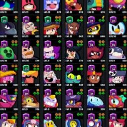 👑 77 Brawlers 👑 37.336 Trophies 👑 68 Skins 👑 10 Legends 👑 23 Mythics 👑 25 Epics 👑 6763 Gold 👑 158 Gems 👑 5242 Blings 👑 1