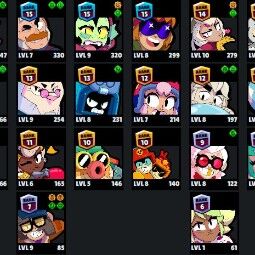👑 68 Brawlers 👑 27.354 Trophies 👑 58 Skins 👑 6 Legends 👑 18 Mythics 👑 25 Epics 👑 18808 Gold 👑 35 Gems 👑 3327 Blings 👑 2