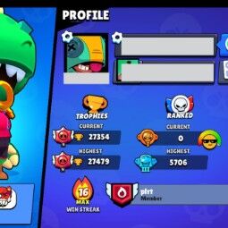 👑 68 Brawlers 👑 27.354 Trophies 👑 58 Skins 👑 6 Legends 👑 18 Mythics 👑 25 Epics 👑 18808 Gold 👑 35 Gems 👑 3327 Blings 👑 3