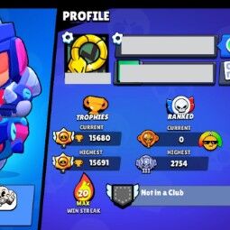 👑 56 Brawlers 👑 15.680 Trophies 👑 32 Skins 👑 0 Legends 👑 15 Mythics 👑 22 Epics 👑 4775 Gold 👑 105 Gems 👑 2261 Blings 👑 3