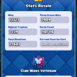 👑KT 14 👑 7036 Trophy 👑 46 LVL 👑 110 Cards 👑 22 Emotes 👑 6813 Gems 👑 762 k Gold 👑 4