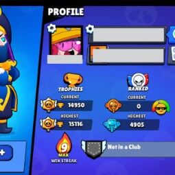 👑 55 brawlers 👑 14.950 trofeos 👑 36 skins 👑 3 Leyendas 9 Míticas 👑 👑 24 Epopeyas 👑 1355 Oro 👑 49 gemas 👑 443 Joyas 👑 3