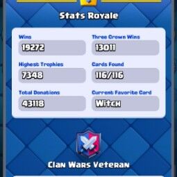 👑キングタワー 14 👑 7224 トロフィー 👑 52 LV 👑 116枚のカード 👑 37枚 エモート 👑 3782名 虹のダイヤ 👑 352キロメートル ゴールド 👑 4
