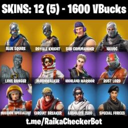 👑12 Skins 👑PC/PSN/XBOX👑 Take The L 👑 Blue Squire 👑 Royale Knight 👑 Sub Commander 👑 Havoc 👑 Love Ranger 👑 Moonwalker 👑 0