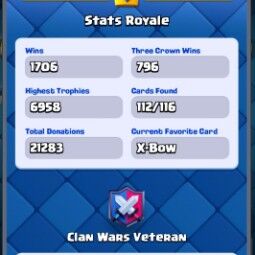 👑キングタワー 13 👑 6916 トロフィー 👑 41 LV 👑 112枚のカード 👑 62枚 エモート 👑 868名 虹のダイヤ 👑 286キロメートル ゴールド 👑 4