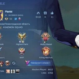 53 LVL+105 Heroes+231 Skins+Legend Lesley+5 Collector+KOF Dyrroth+11.11 Gusion Wanwan+DUCATI Benedetta+MANY EPIC+MAX Rank Mythic 32* 0