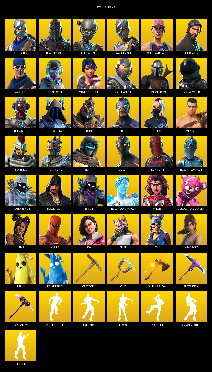 Fortnite Account ( PC ) (Blue Squire, Black Knight, Elite Agent, The Reaper, Sparkle Specialist, Omega, Lara Croft, Rose Team Leader, Warpaint, Breakpoint, Mandalorian, Dark Voyager, Ruin, Carbide, Catalyst, Menace) (95 Skins)