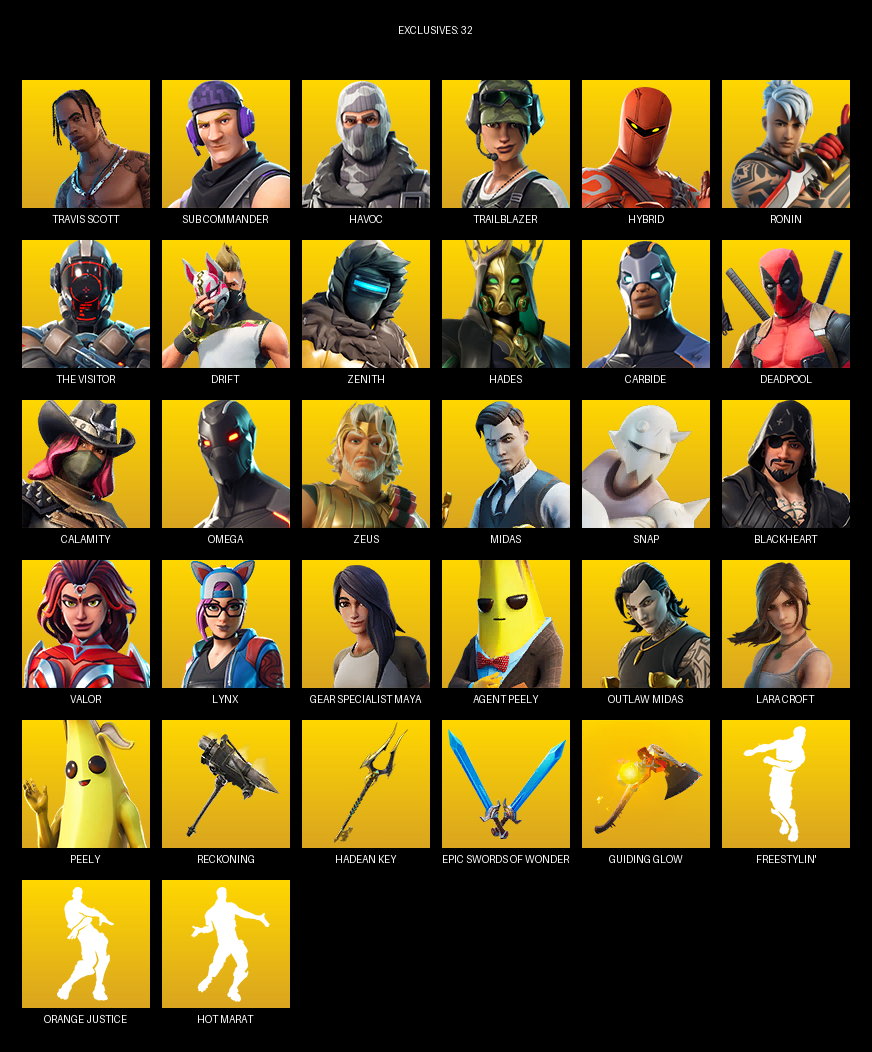 Fortnite Account ( PLAYSTATION / PC / XBOX ) (Travis Scott, Omega, Gear Specialist Maya, Lara Croft, Sub Commander, Havoc, Trailblazer, Hybrid, Ronin, The Visitor, Drift, Zenith, Hades, Carbide, Deadpool, Calamity, Zeus, Midas, Snap, Blackheart) (122 Skins)