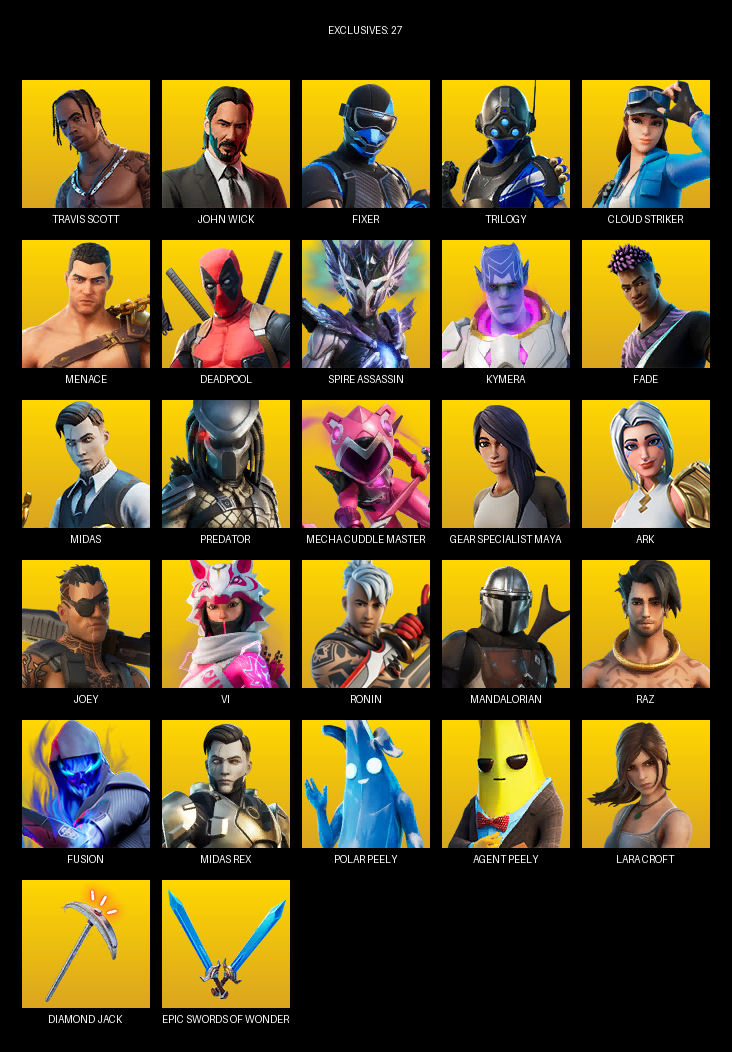 Fortnite Account ( PLAYSTATION / PC / XBOX ) (Travis Scott, Gear Specialist Maya, Lara Croft, John Wick, Fixer, Trilogy, Cloud Striker, Menace, Deadpool, Spire Assassin, Kymera, Fade, Midas, Predator, Mecha Cuddle Master, Ark, Joey, Vi, Ronin, Mandalorian) (75 Skins)