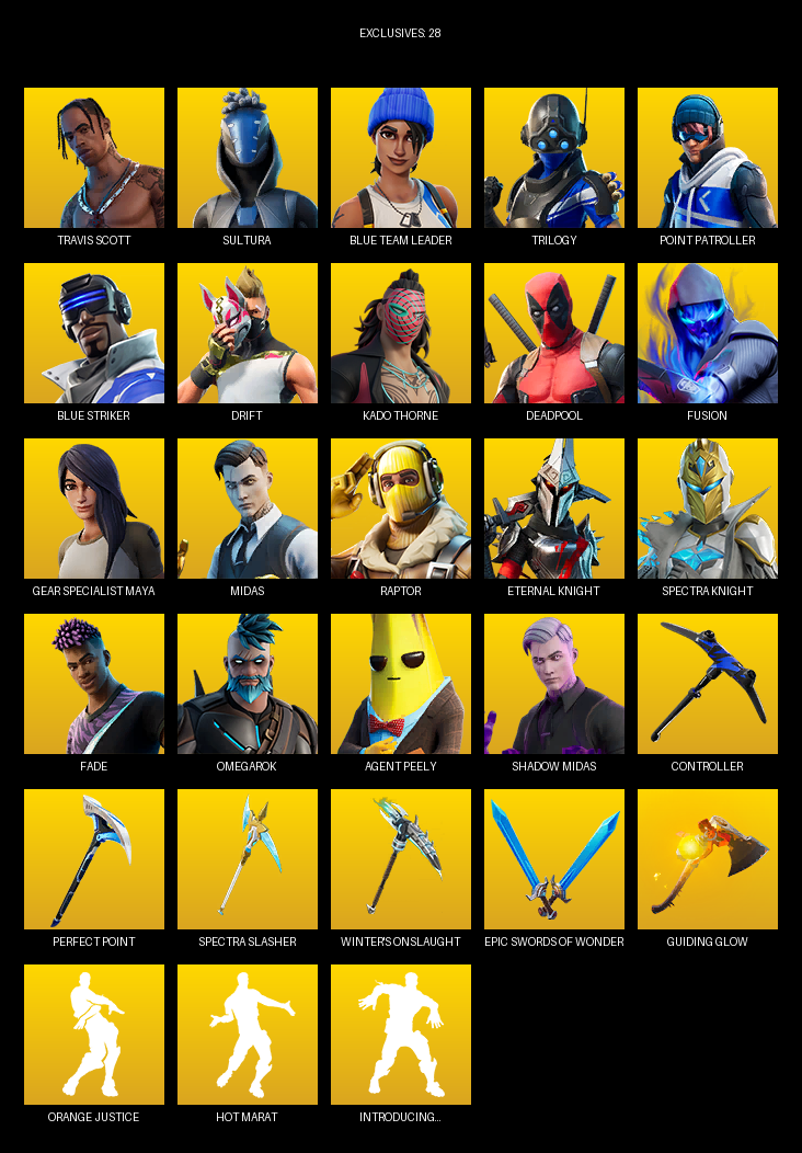Fortnite Account ( PC ) (Travis Scott, Point Patroller, Gear Specialist Maya, Sultura, Blue Team Leader, Trilogy, Drift, Kado Thorne, Deadpool, Fusion, Midas, Raptor, Eternal Knight, Fade, Omegarok, 8-Ball vs Scratch, Rey, Fish Thicc) (73 Skins)