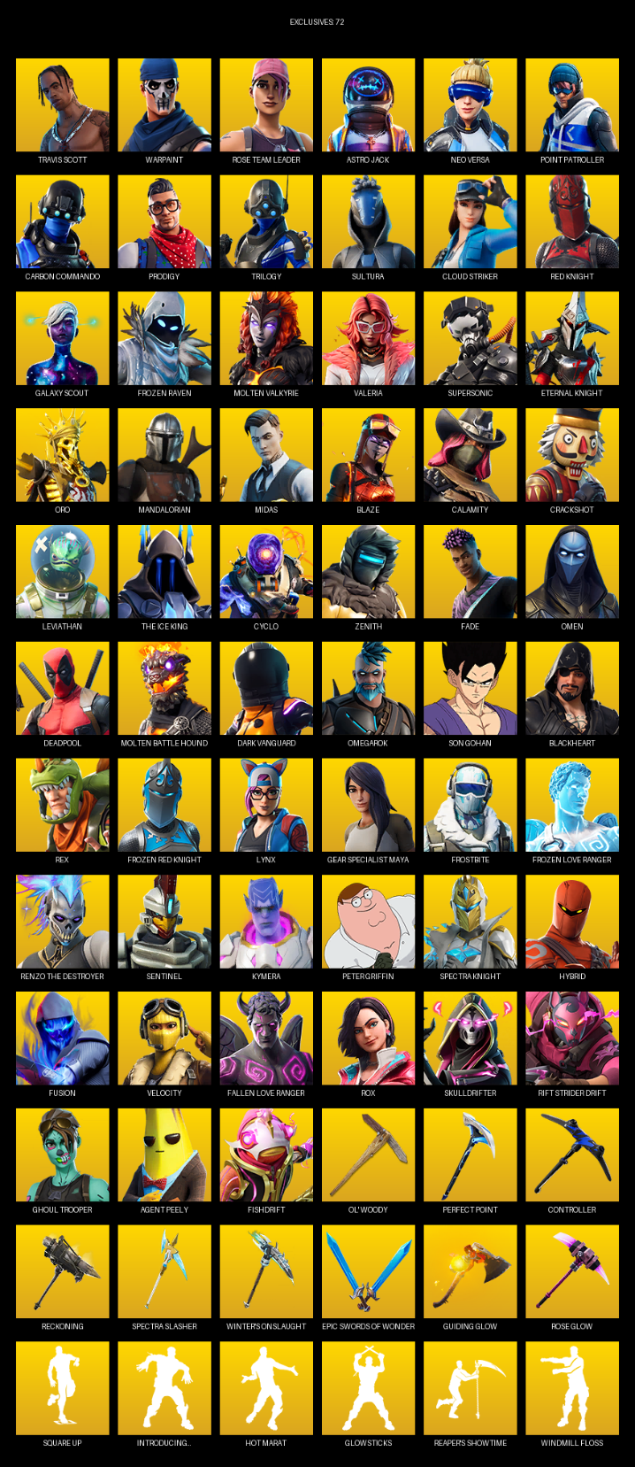 Fortnite Account ( PC ) (Travis Scott, Point Patroller, Gear Specialist Maya, Warpaint, Rose Team Leader, Astro Jack, Neo Versa, Carbon Commando, Prodigy, Trilogy, Sultura, Cloud Striker, Red Knight, Galaxy Scout, Frozen Raven, Molten Valkyrie, Valeria, Supersonic, Oro) (201 Skins)