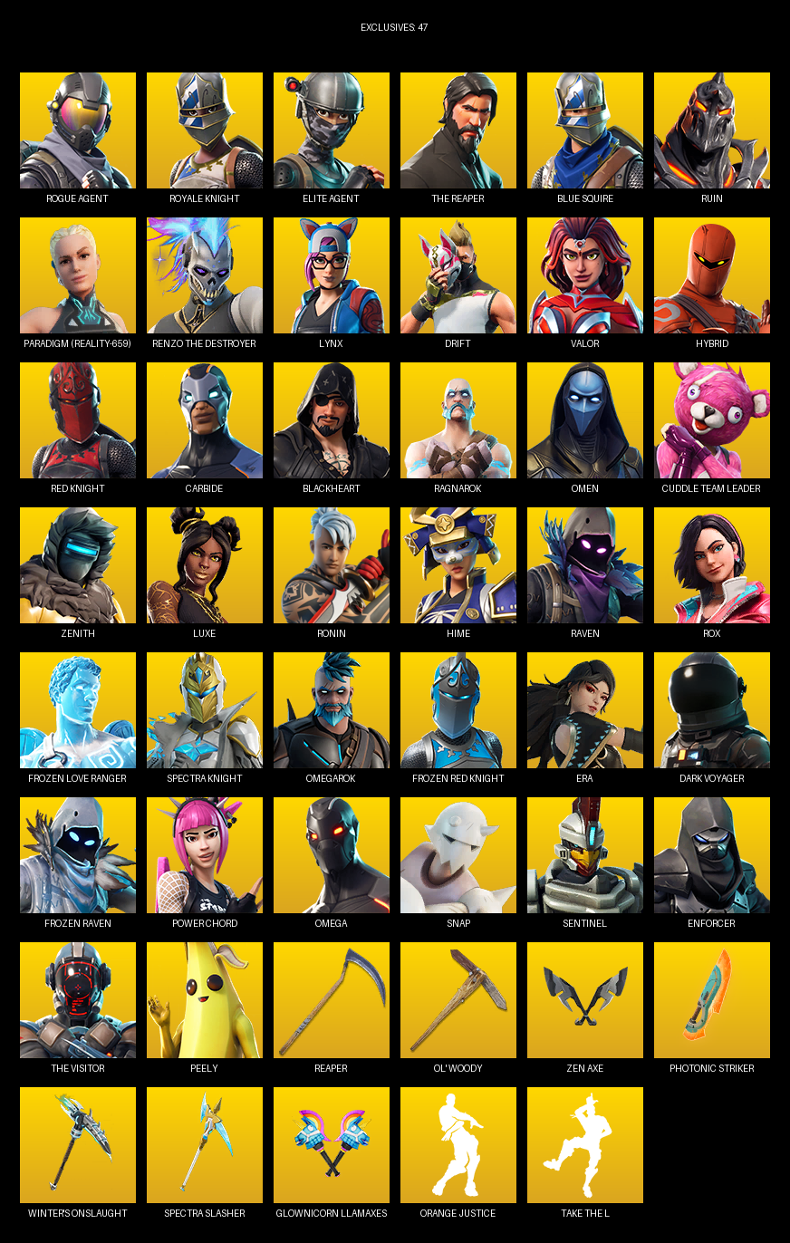 Fortnite Account ( PC ) (Royale Knight, Elite Agent, The Reaper, Blue Squire, Omega, Ruin, Paradigm (Reality-659), Lynx, Drift, Valor, Hybrid, Carbide, Blackheart, Ragnarok, Omen, Cuddle Team Leader, Zenith) (125 Skins)