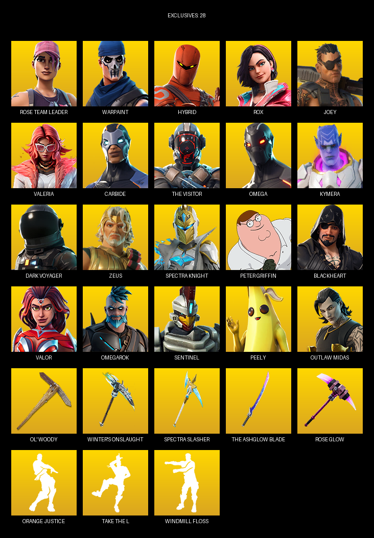 Fortnite Account ( PC ) (Omega, Rose Team Leader, Warpaint, Hybrid, Rox, Joey, Valeria, Carbide, The Visitor, Kymera, Dark Voyager, Zeus, Spectra Knight, Peter Griffin, Blackheart, Valor, Omegarok, Sentinel, Daigo, Bunker Jonesy) (106 Skins)