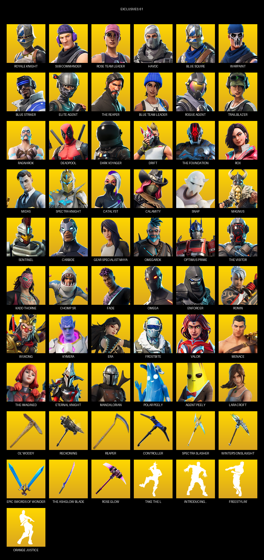 Fortnite Account ( PC ) (Royale Knight, Blue Squire, Elite Agent, The Reaper, Gear Specialist Maya, Omega, Lara Croft, Sub Commander, Rose Team Leader, Havoc, Warpaint, Trailblazer, Ragnarok, Deadpool, Dark Voyager, Drift) (142 Skins)
