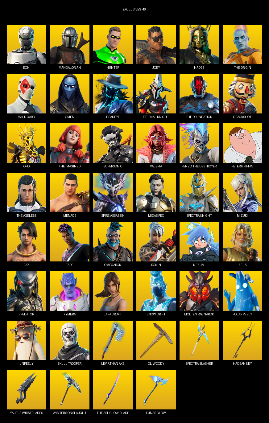 Fortnite Account ( PC ) (Lara Croft, Eon, Mandalorian, Hunter, Joey, Hades, The Origin, Wild Card, Omen, Deadeye, Eternal Knight, Crackshot, Oro, Supersonic, Valeria, Peter Griffin) (183 Skins)